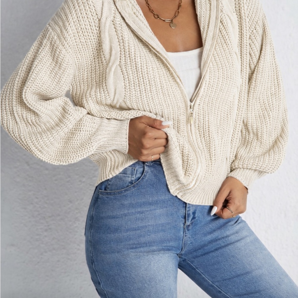 Cream Knit Zip Up Sweater